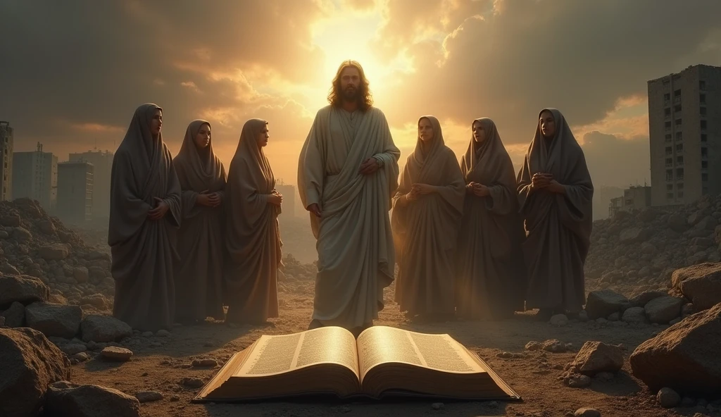 In a war place jesus is protecting women with dimples in the background the foreground of the image in the middle keep the bible