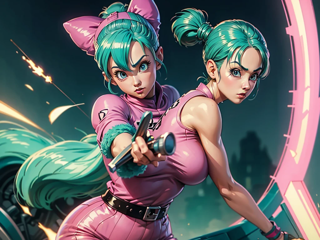 Close-up of a person in a pink outfit posing for a photo, Bulma from Dragon Ball, guweiz style artwork, In the style of Ross Tran, extremely detailed artistic germ, artgerm julie bell beetle, artgerm and Lois van Baarle, Style Ross Tran, Lois van Baarle y Rossdraws, minty blue fur. 8k.