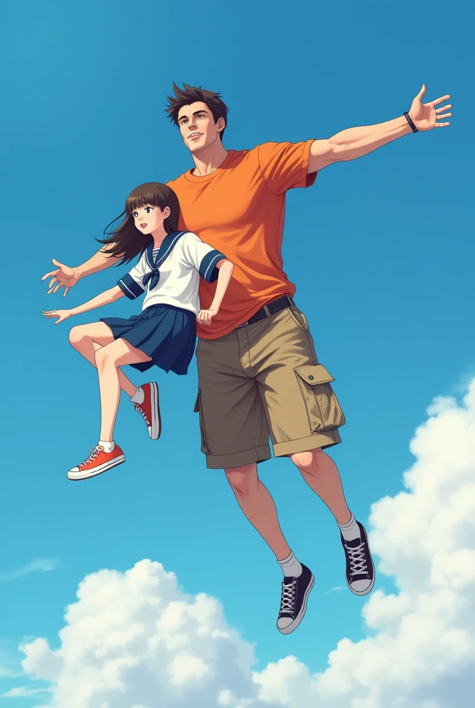 Muscular man wearing a shirt with long shorts Long loose shorts With pockets on the sides with converse sneakers Orange T-shirt and brown shorts Long short, long short, long Carrying in her arms as she flies in the sky a woman in Japanese school uniform with short skirt Sailor uniform hanging sleeves 