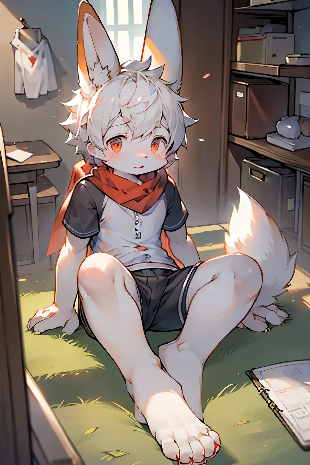 White Rabbit Boy，Bunny ears，Furry boys，Infant and child characteristics，White skin，Gray Arm，Little Feet，Red pupil，scarf，Short sleeve，shorts，School，Straight A student