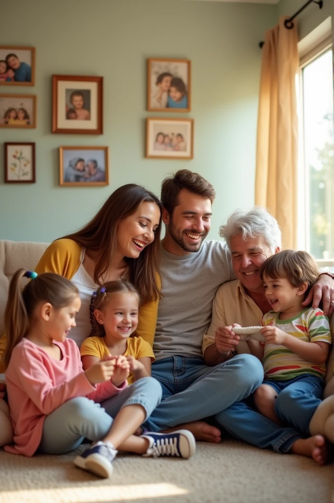 A happy family that has a mother, a father , 2 daughters, 1 son and a grandma