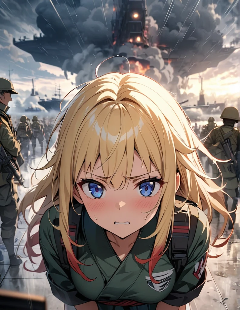 (anime)、(masterpiece:1.2),Atmospheric perspective,Lens flare、Fog of Battlefield、Thick clouds cover the sky, Makes the world look grey、When it rains, The female soldier is crouching.。With an irritated look on his face, he vows revenge..。Rain-soaked hair、blonde、blue eyes、Space Battleship Yamato、Traces of fierce fighting are everywhere、Smoke rising from everywhere、A work of blurry color M4 Carbine，Possession of a gun