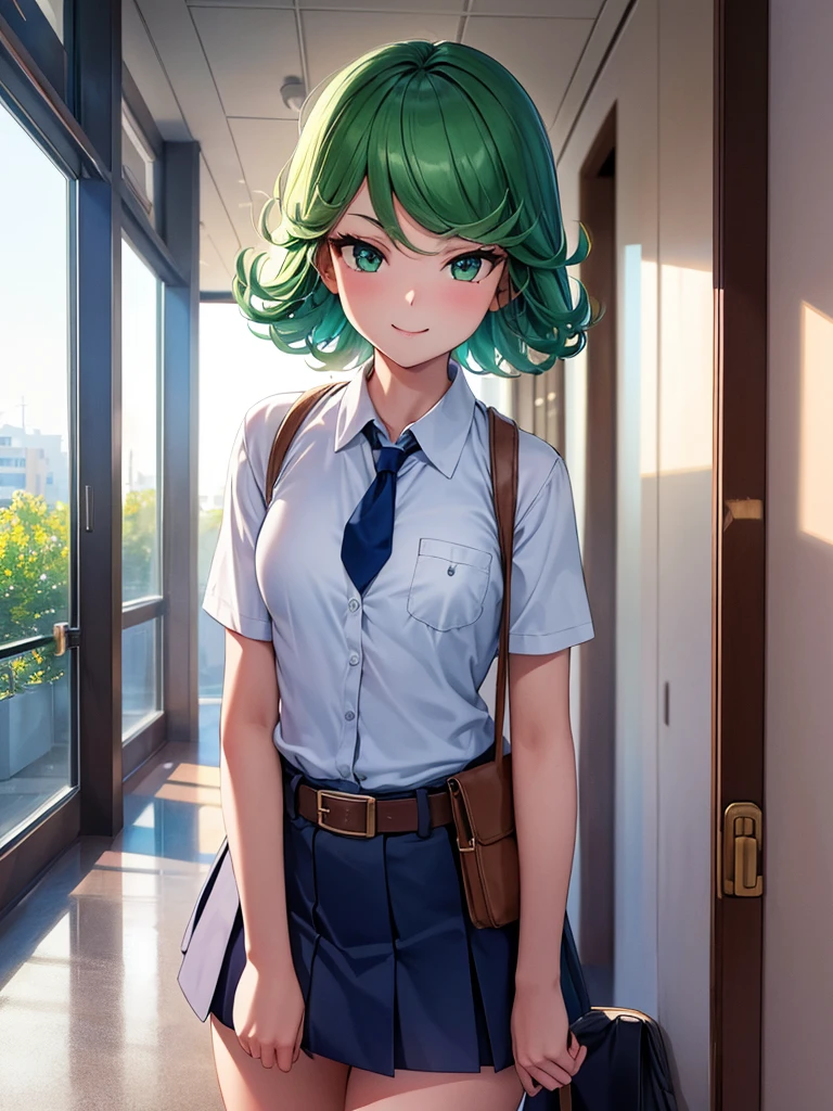 (high res, 8K, masterpiece, looking at viewer, best quality, very aesthetic, ultra detailed, ultra background, ultra Eyes) intricate details, 1girl, Tatsumaki, Chibi, body perpendicular to facing the camera, Green Short Hair, Green Eyes, short sleeved white shirt, Smile Face, pocket on left chest, wearing a Navy Blue tie, Navy Blue short skirt, wear a belt, Background school hallway, School, Cinematic Angle