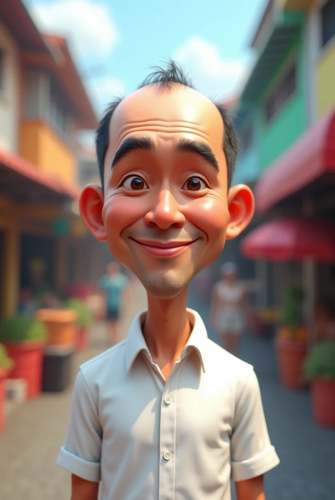 Realistic 3D Caricature, Big Head, 40 Year Old Indonesian Man, Slightly Thin Height, Slightly Oval Face Shape, Handsome, Slightly Round Eyes, White Skin, Thin Smile, Bald, Short Hair, White Shirt