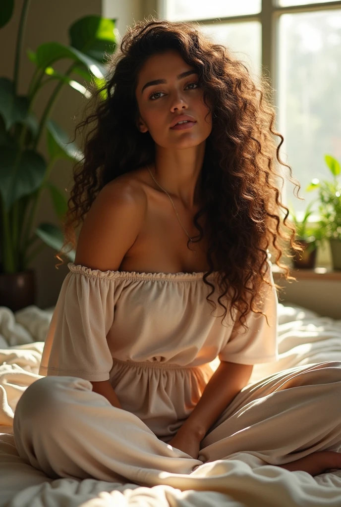 (photorealism:1.2), beautiful woman, sitting on bed, wearing loose off-shoulder top, pajama pants, long curly hair, indoors, soft lighting, plants in background, window with sunlight, cozy room, relaxed pose, realistic, intricate details, warm colors, by Greg Rutkowski, by Alphonse Mucha