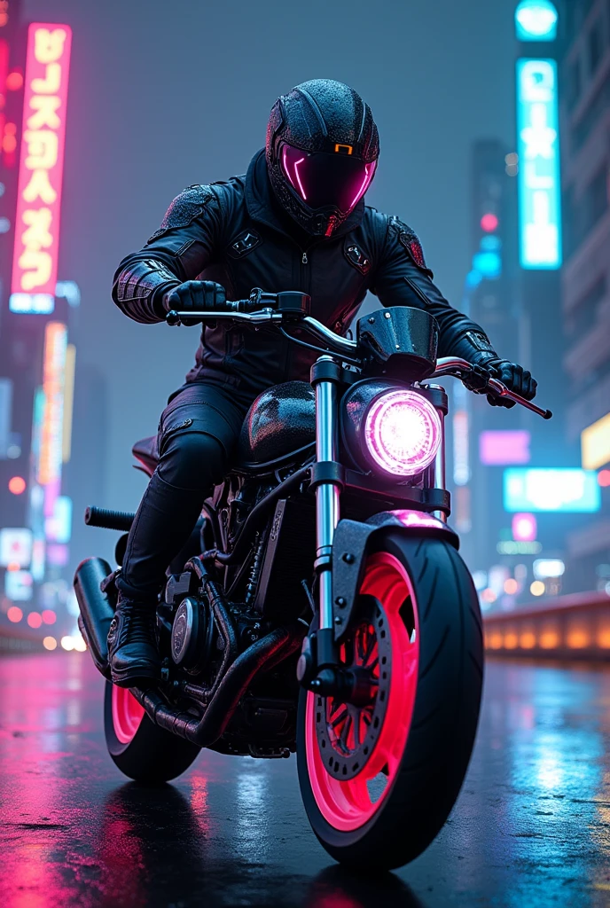 “Create an image of a character on a motorcycle, with a style that combines elements of science fiction and fantasy. Character, called Hades66, It should have a dark and futuristic design, with a stylized armor that combines metallic and neon tones. Wear a helmet with an opaque visor and integrated lights.. In one hand he holds a futuristic weapon, with technological details and a powerful appearance. The bike is high tech, with an elegant design and luminous details that highlight its speed. The background can be a futuristic city or a night landscape that complements the atmosphere of the scene..”
