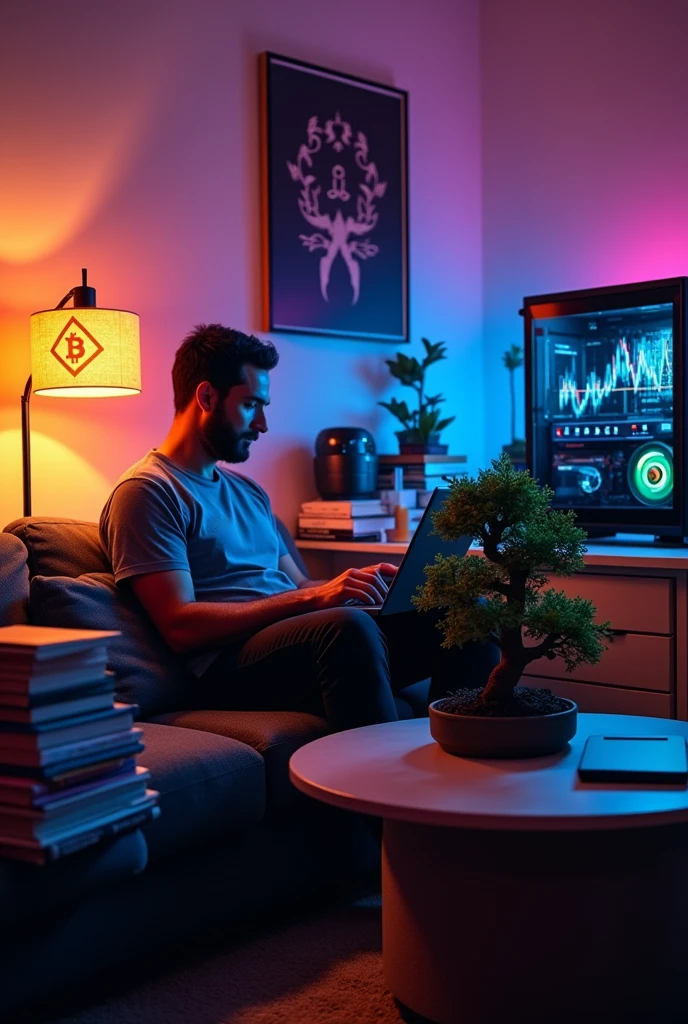 An adult man sitting on the couch in a gamer room, studying , the books on the side of the sofa, the computer on the screen the bitcoin graph, a lamp with a bitcoin logo,  add a gaming pc , a bonsai on the table, keeping the distance so that it covers the entire room
