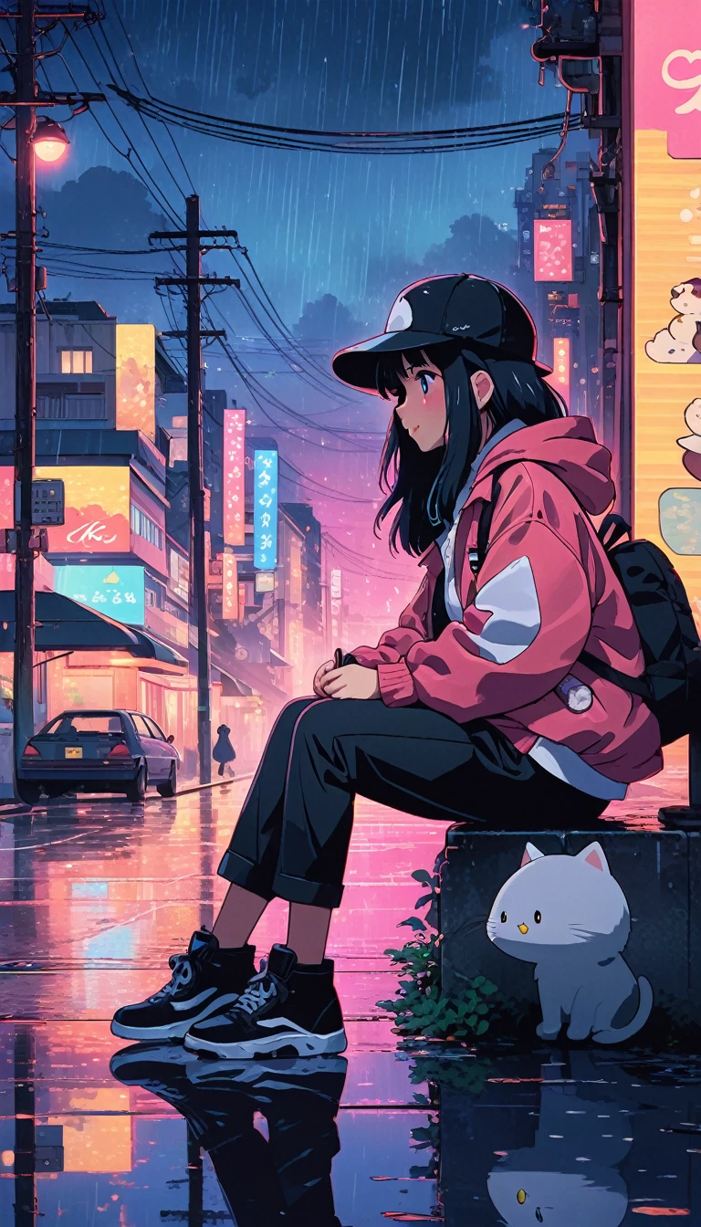 alone, lofi artstyle, lofi art, city, town, 80s anime style, Retro, Lo-Fi, masterpiece, best quality, (extremely detailed CG unity 8k wallpaper), (best quality), (best illustration), (best shadow), absurdres, realistic lighting, (Abyss), beautiful detailed glow, 1girl, animal, backpack, bag, bangs, baseball cap, black cat, black footwear, black headwear, black pants, blurry, blush, building, cat, closed mouth, from side, hat, holding, hood, hood down, hooded jacket, hoodie, jacket, long hair, long sleeves, night, outdoors, pants, power lines, profile, rain, reflection, shoes, sitting, sneakers, solo, utility pole