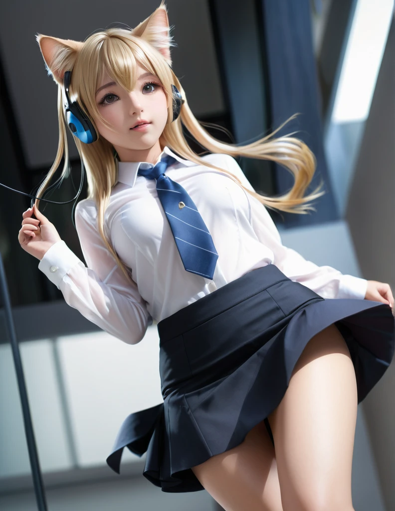 Dynamic pose, 1 person, High resolution, Long Hair, chest, Blushing, Blonde, Cat ear, Blurred, Dutch Angle, earphone, (from below:1.5), buisiness suit, mini skirt, (pantyhouse:1.3)