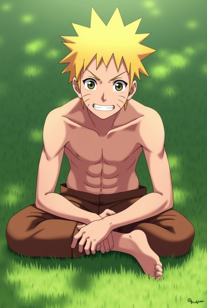 Realistic style animated image in HD of Naruto Uzumaki barefoot showing the soles of his feet from below close to the camera Sitting on the grass smiling shirtless Realistic details of the soles of his feet 2 feet 5 toes on each foot Showing off six pack Showing off the sole of his foot Showing off perfect feet Lighting details on the soles of his white feet with pink


