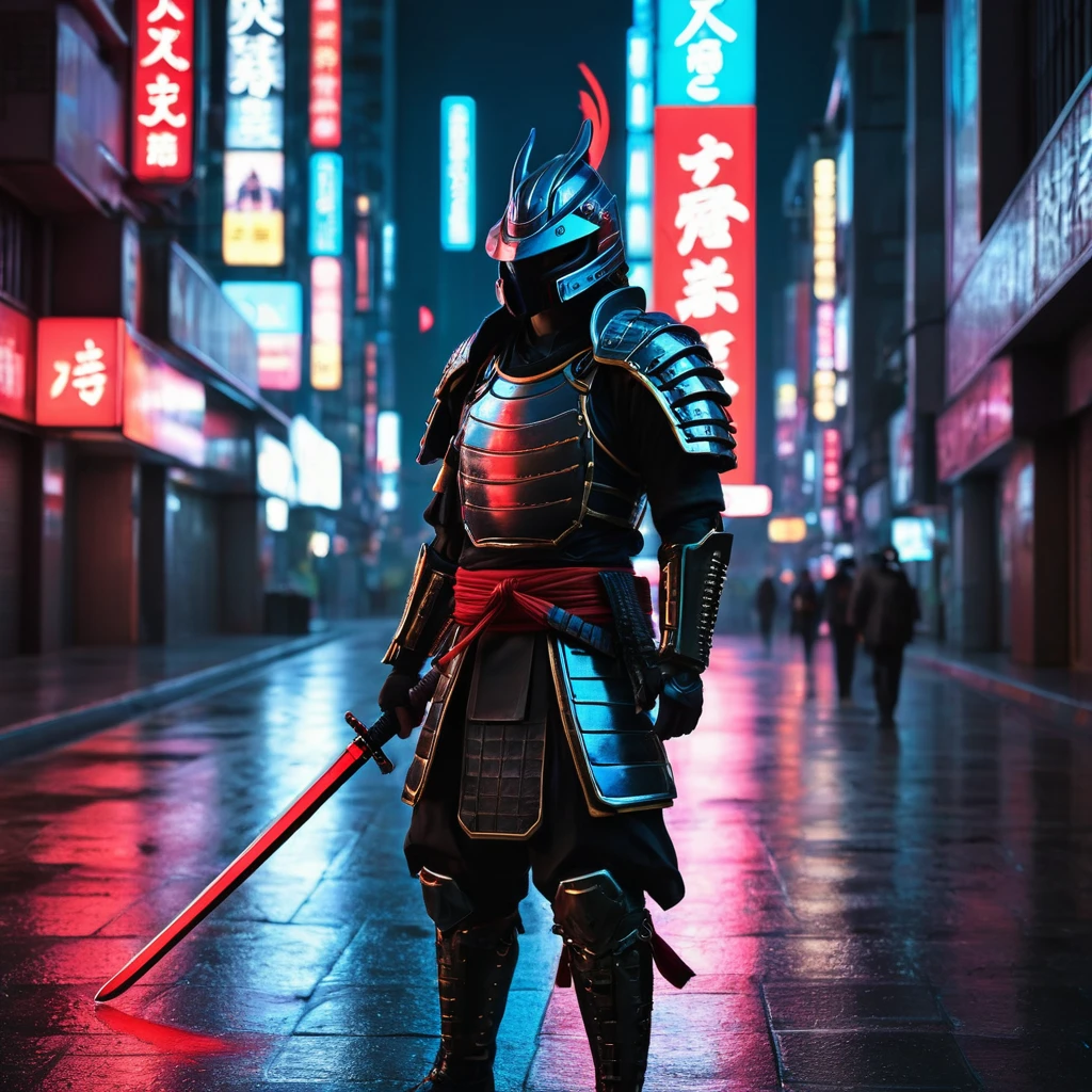 cyberpunk samurai,futuristic cyberpunk city,detailed samurai armor,glowing neon lights,dark moody atmosphere,(best quality,4k,8k,highres,masterpiece:1.2),ultra-detailed,(realistic,photorealistic,photo-realistic:1.37),cinematic lighting,dramatic shadows,intricate cyberpunk technology,advanced biomechanical enhancements,katana sword,samurai helmet,red and blue color palette,dystopian sci-fi setting,moody dramatic lighting