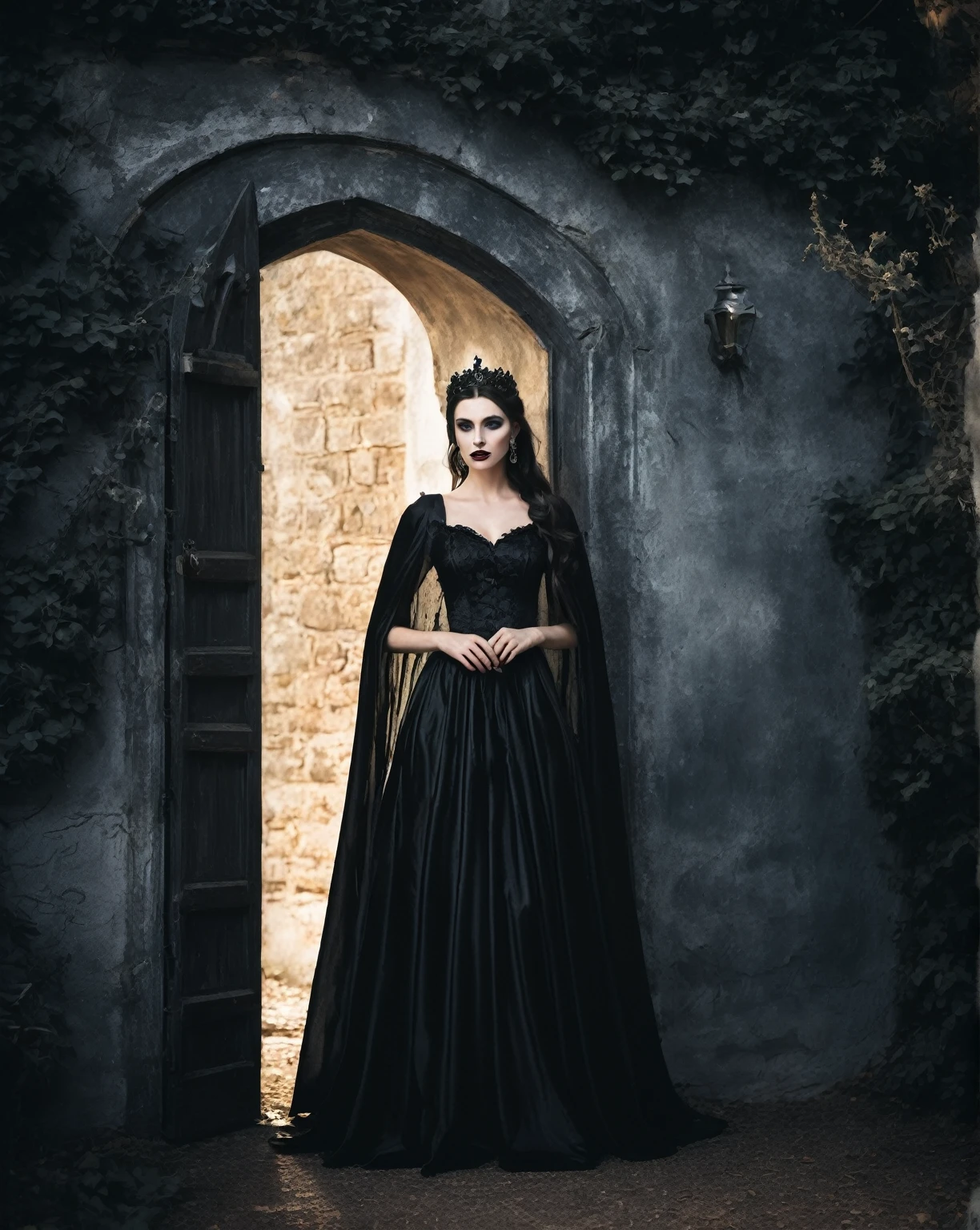 arafed woman in a black dress standing in an open doorway, an elegant gothic princess, morgana, gothic girl dressed in black, with a long black cape, woman in black robes, gothic princess portrait, medieval dress. witch, black gown, an elegant woman in black dress, vintage gothic gown, editorial fashion photography, gothic maiden of the dark, dark beauty