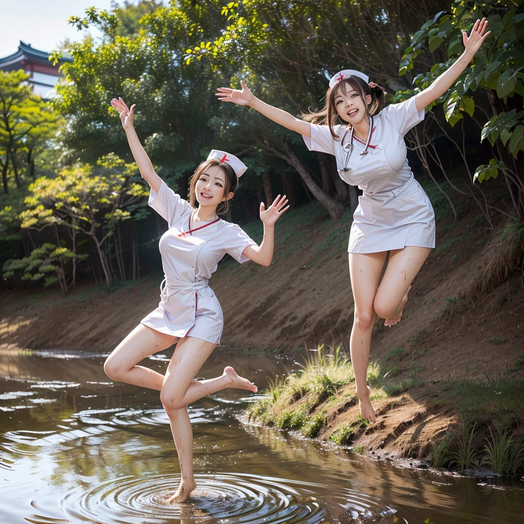 (((barefoot slender Japanese girl on mud pond))), natural front lighting, ultra sharp focus,bright brown hair, large eyes with long eyelashes and double eyelids, smile, (((jumping and waving arms))), ((huge breasts)), (full body shot:2), (beautiful face:2),(((wearing nurse uniform)))