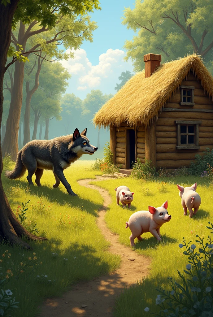 One day, a wolf came to this place. He wants to eat the piglets. The wolf went to the straw house first, and when he blew on it, the straw house fell. The first piglet was so frightened that he ran to the cabin.