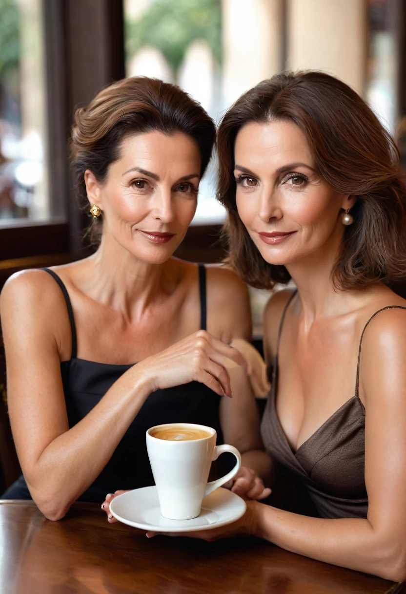 Portrait d'une femme bourgeoise mince de 45 ans. belle femme chatain. (Deux mains sur la table). peau bronzée. cheveux courts droit. regarder la caméra avec séduction. se penchant en avant. Dans un café.