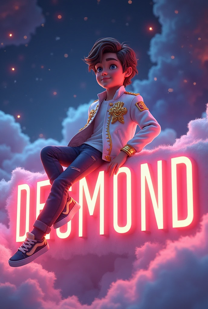 "Create a 3D illustration of an animated handsome boy sitting casually on top of tex "DESMOND". The character must wearing a white jacket with crown. The background of the character is outer space