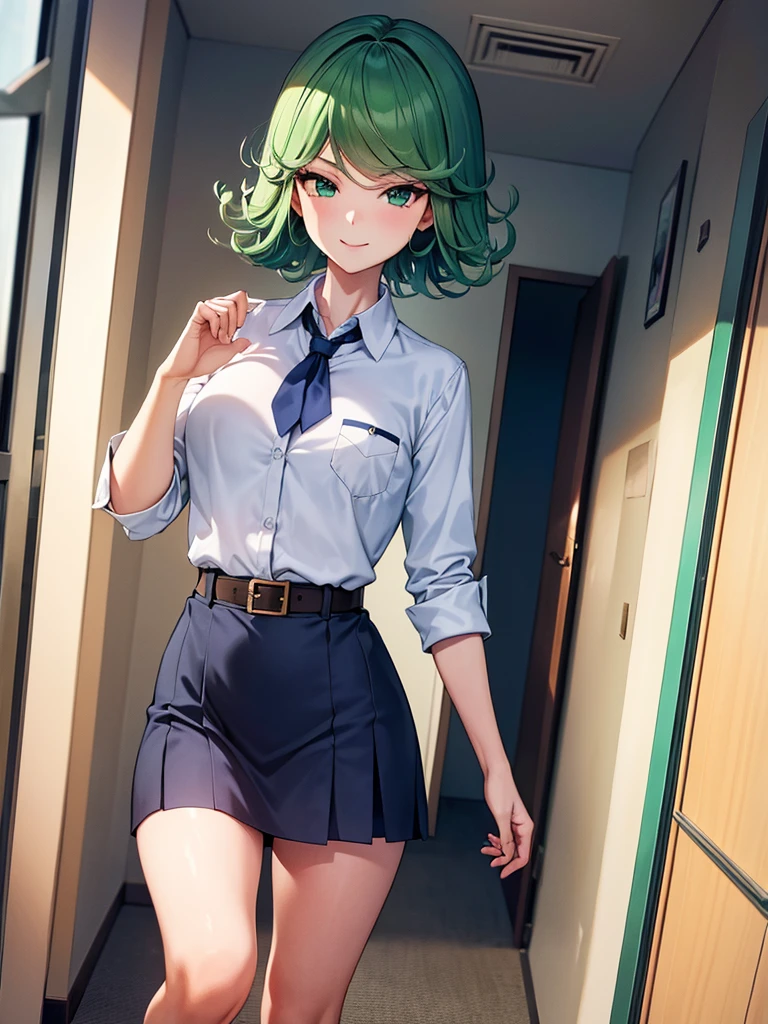 (high res, 8K, masterpiece, looking at viewer, best quality, very aesthetic, ultra detailed, ultra background, ultra Eyes) intricate details, 1girl, Tatsumaki, Chibi, body perpendicular to facing the camera, Green Short Hair, Green Eyes, short sleeved white shirt, Smile Face, pocket on left chest, wearing a Navy Blue tie, Navy Blue short skirt, wear a belt, Background school hallway, School, Cinematic Angle