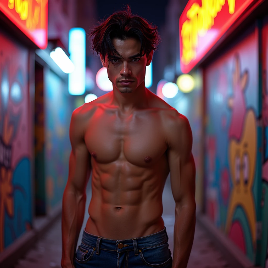 1guy, Looking at viewer, Black Hair, Red Eyes, Open Mouth, his dick is riping his pants