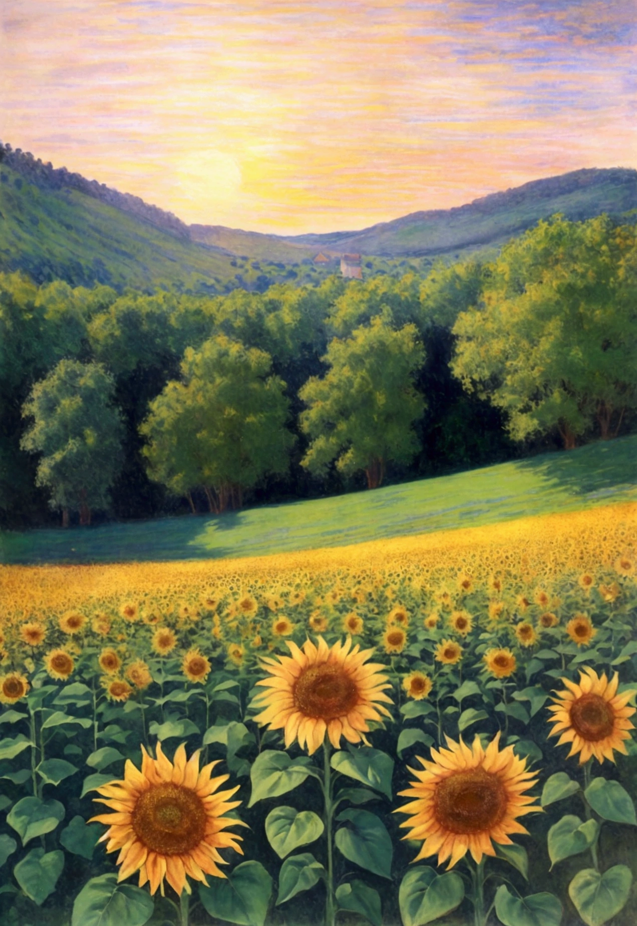 "Generate a preliminary sketch for a landscape painting that combines the colors of Monet, the opulent atmosphere of Klimt, and the delicate style of Kyosuke Chinai, with a watercolor effect. The theme is summer sunflowers. The scene should portray sunflowers in focus with a backdrop of an English garden on a gentle hill, depicted in soft hues of red and gold during the delicate light of sunset. The watercolor should capture the tranquil and ephemeral feelings of late summer. No man-made structures should be included, emphasizing the natural beauty."