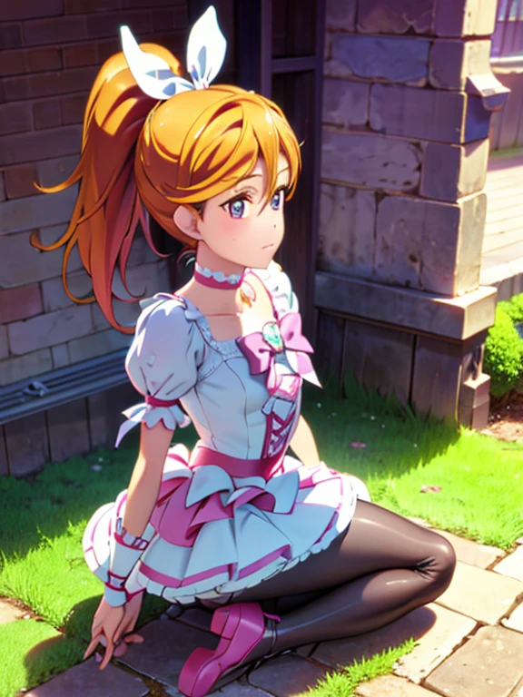 Cure Rhythm、Pretty Cure、Blonde、Long Hair、Medium chest、Jail、One girl、((hose with holes))、(boots)、ponytail、(Arms are chained)、Kneeling、(Black Panty