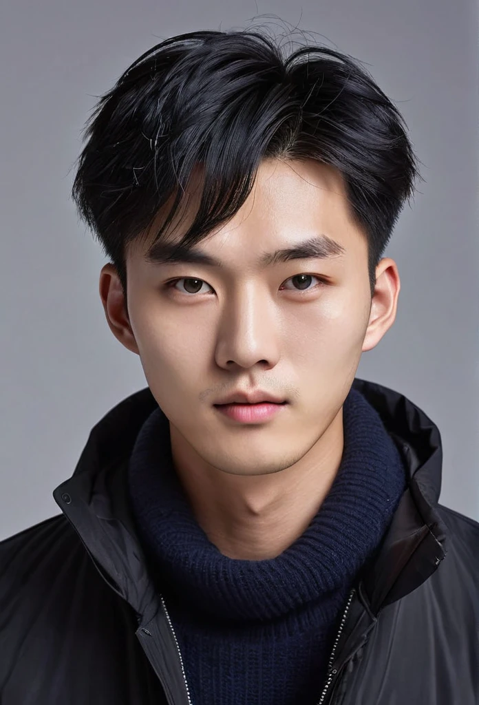 Generate an ultra realistic image of a handsome 20-year-old Chinese man, slim, slim, ectomomhe, asymmetrical face, new, CEO, passionate, serious and extremely cold countenance, CEO clothes, short black hair, face of a 20-year-old man