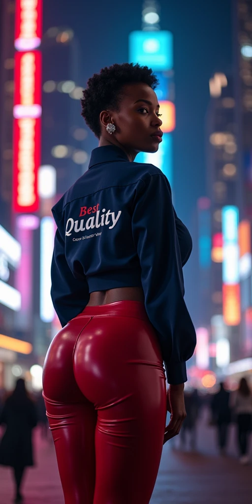 MASSIVE BUTTOCKS, dark red plastic leggings, UHD, She's a dark skin melanin Queen with tiny paper-thin waist, night city scape, DDSLR, navy blouse says best quality, short swanky hair, focus, no nudity
