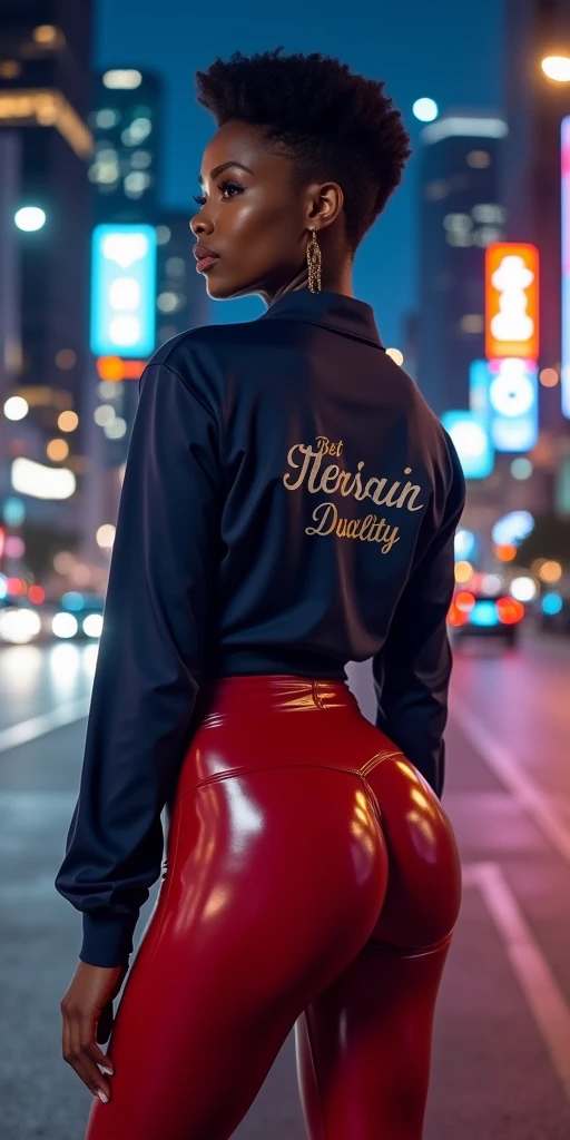 MASSIVE BUTTOCKS, dark red plastic leggings, UHD, She's a dark skin melanin Queen with tiny paper-thin waist, night city scape, DDSLR, navy blouse says best quality, short swanky hair, focus, no nudity 