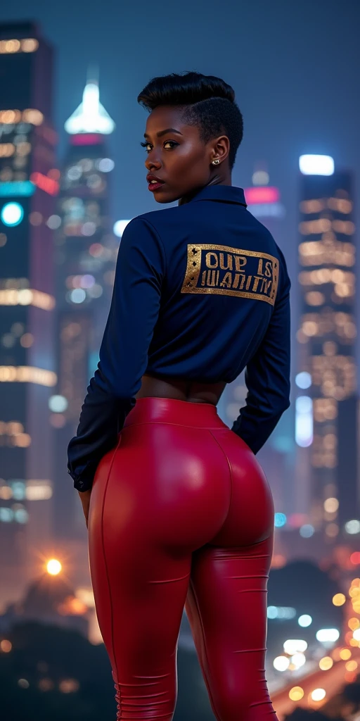 MASSIVE BUTTOCKS, dark red plastic leggings, UHD, She's a dark skin melanin Queen with tiny paper-thin waist, night city scape, DDSLR, navy blouse says best quality, short swanky hair, focus, no nudity
