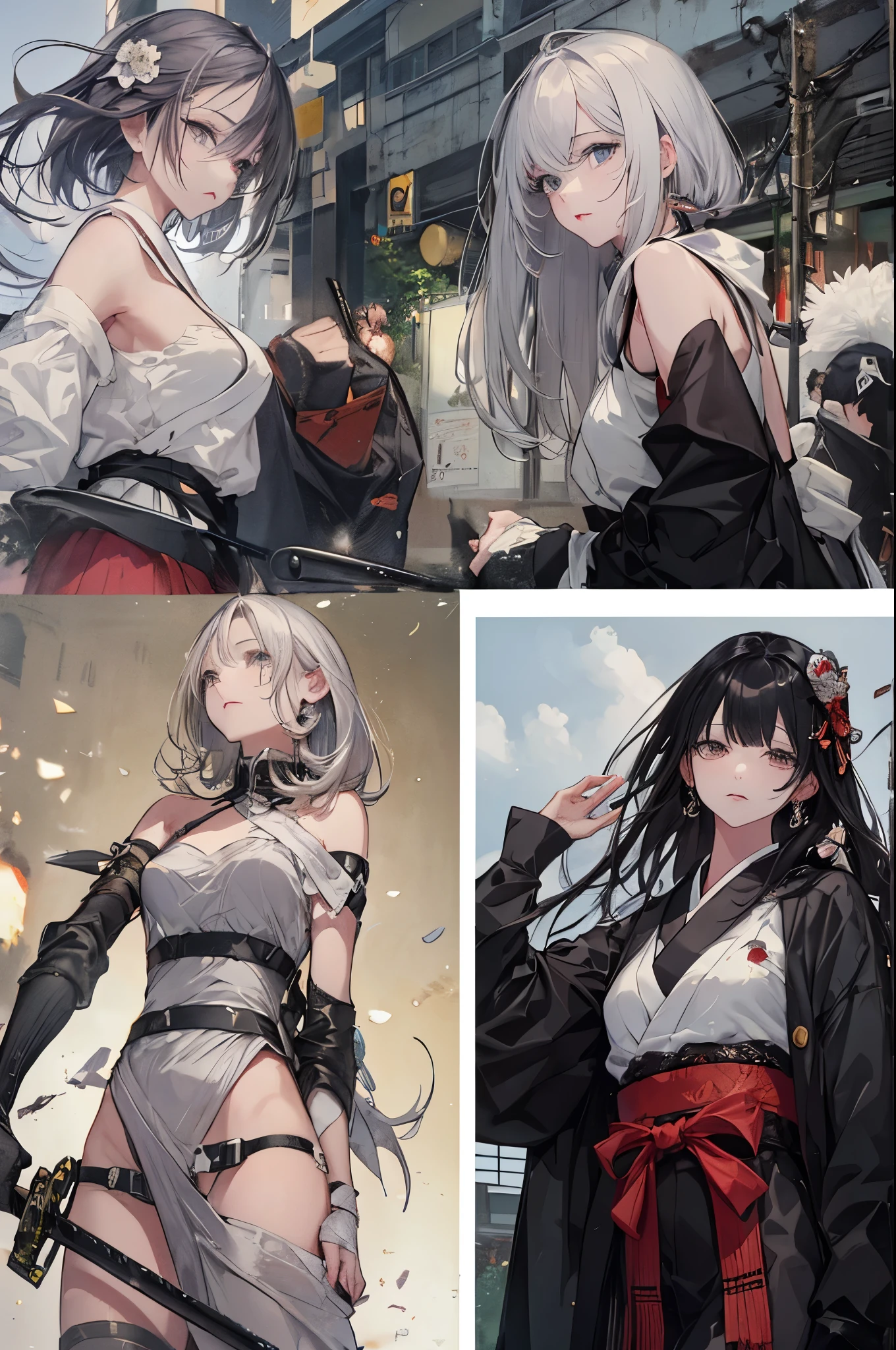 (Highest quality、High resolution、8k、mysterious、masterpiece:1.shitaka Amano-style depiction。The cruel and inhuman Yamada Asaemon。she、The role of testing swords in the Edo period。Dark circles under the eyes。A crisscross pattern on the back to roll up the sleeves。First to behead、assassination、Executioner。A long Japanese sword on his waist。The gleam in his eyes is gone、Hollow。ただし誰が見てもshe剣の達人で、There is a sense of determination that leaves no room for doubt。White hair from stress、Unkempt hair and quite large。She is certainly attractive as a woman。Blood splatter。Overwhelming strength and charm。Bloody bandages on his wrists and ankles、Samurai clothing。Samurai。A crowd of commoners々And pass by。Bold Pose、Upward glance,drooping bangs、Shooting from below、Peep、Looking straight down、Angle seen from the foot,(((Shooting from various angles)),Peeking from above,whole body