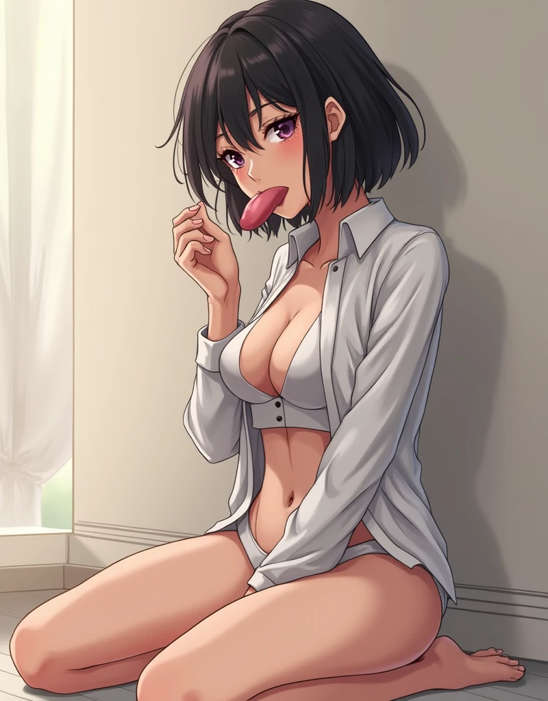 Girl kneeling while sticking out her tongue and on her tongue there is a thick , she has a face of pleasure and is blushing, she has a white shirt that is a little transparent, she has short shorts, she has short black hair, she has big breasts, thighs and butt, She is licking a man's penis