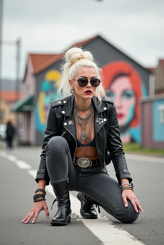 russian old milf woman, grey hair (pompadour, ponytail, shaved sides), wearing  big oversized square sunglasses as headband, with very light blue eyes, extremely pale. Wearing cropped black moto jacket (padded shoulders) with lots of zippers and badges on jacket flaps, cropped t-shirt with big guns and roses logo, dark blue jeans with holes and pointy Chelsea boots with cuban heels . Big silicone breasts. Lots of  bracelets, long pendants collars and rings. Wide leather belt with oversized chanel buckle. Long earrings. Kneeling,, feeling thirsty, humbly looking at the camera, legs spread, tilted head, eyes and mouth wide open in amazement.. Toned abdominals, thin legs and thin arms. Tattoed