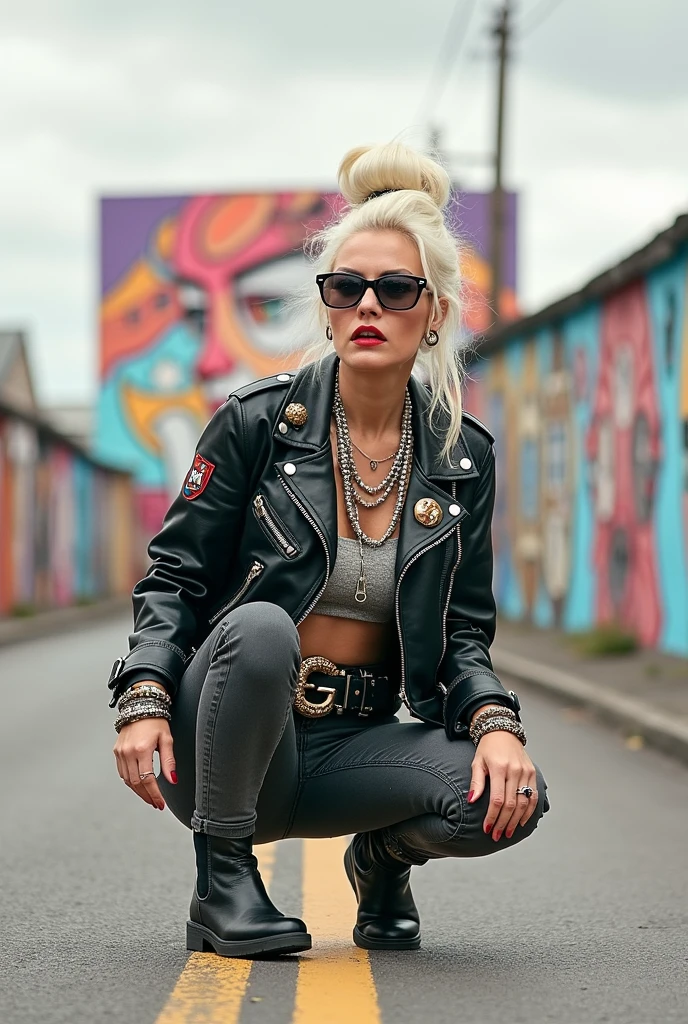 Icelandic old milf woman, platinum blonde hair (huge top bun) and sunglasses as headband (big maxi glasses), with very light blue eyes, extremely pale. Wearing cropped black moto jacket with zippers, pins and badges, black bra, skinny dark grey jeans and pointy Chelsea boots with cuban heels . Lots of metallic bracelets, pendants and collars. Tacky studded leather belt with oversized buckle. Wide loop earrings. Kneeling in a payer, looking up, eyes and mouth wide open in amazement. Hands on her knees. Listening in amazement to somebody speaking to her, toned six pack abs, thin legs and thin arms
