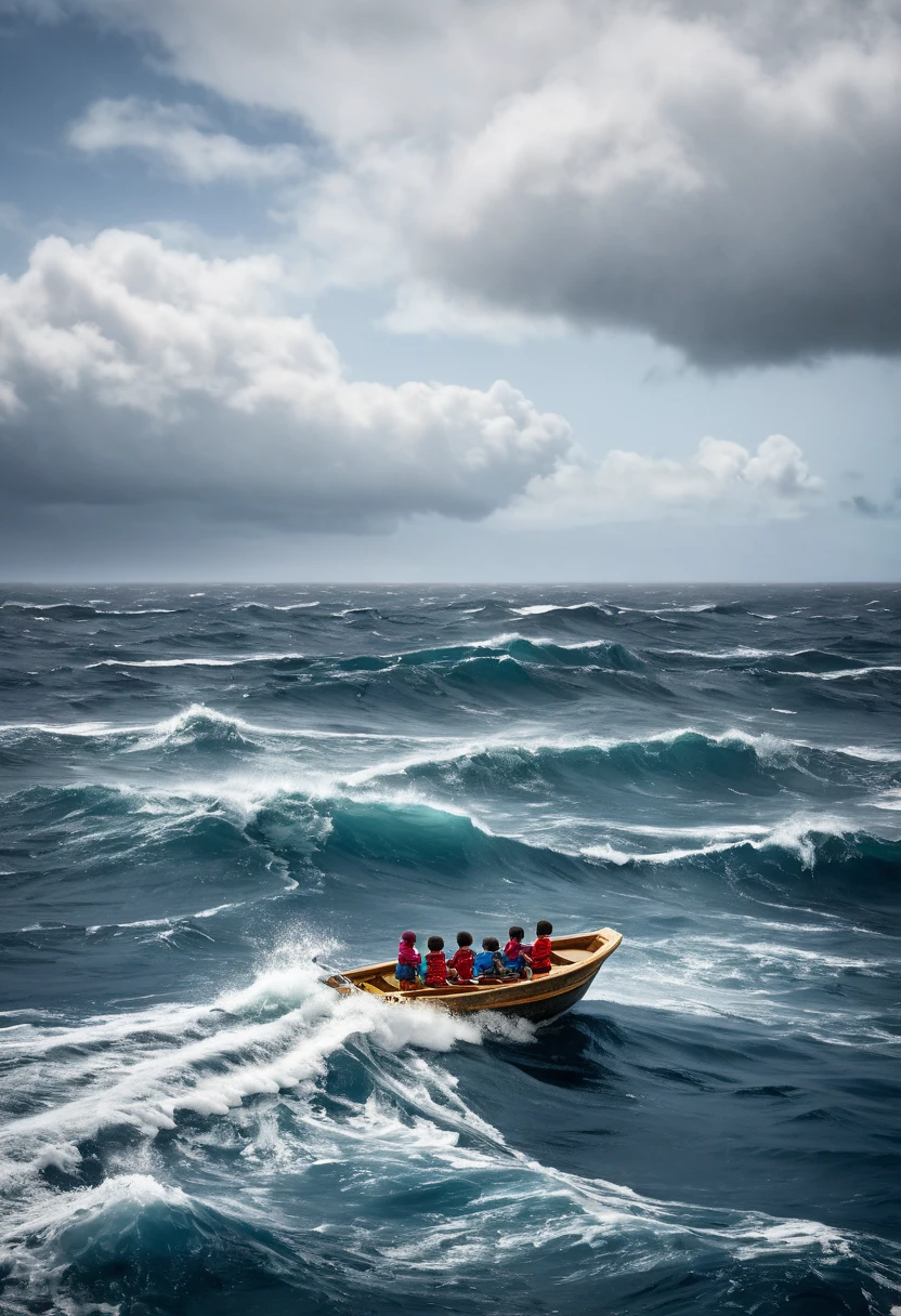 A small boat with the three children sailing across a vast ocean, facing strong winds and high waves, but they remain determined and focused on their journey."