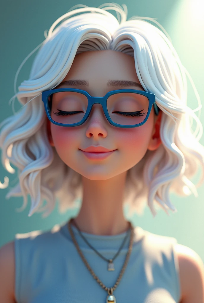 A emma myers,closed eyes,perfect eyes,white hair,medium body, wink expression,,put blue oakley glasses, 3d render