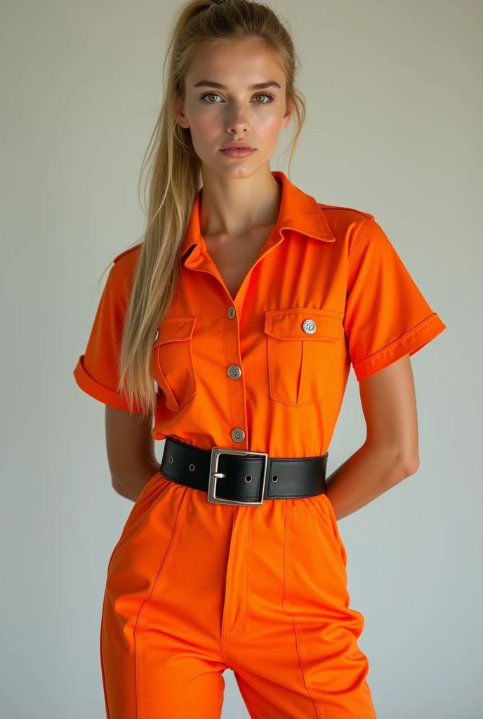 Frontal photograph of a beautiful young model with long a blonde medium length pulled back ponytail hair wearing a sexy synthetic orange prisoner jumpsuit, inmate jumpsuit, button-up, sexy view, handcuffed, hands cuffed to her back, wearing a tight black stylish belt, high black boots, short sleeves, sexy pose, very attractive look, skinny, anorexia, 19 years old, thin and athletic body, (thin girl 1:5), short sleeves, supermodel face and body, brown eyes, long pants, hands at back, elastane synthetic orange prisoner jumpsuit, jumpsuit made of elastic spandex, jumpsuit has 4 visible silver buttons, her belt is made of stylish leather, elastic jumpsuit, jumpsuit is not tight on body, perfect woman, slim, (large perfect round fake breasts:1.0), (perfect Hands), (blonde medium straight ponytail hair:1.2), (wasp waist:1.3), big heavy black stylish designer belt of leather, visible breast contours, light blonde hair, a lot of cringles and creases on the jumpsuit, light blonde hair, full body view, tops of her boots visible, sporty ponytail, short sleeves, sexy model pose, she is highlighting her but in her pose, no pockets, looking at viewer like she wants sex, 70's prisoner jumpsuit, 80's orange prison jumpsuit, 90's prisoner jumpsuit, Soviet orange prison jumpsuit, hands handcuffed, handcuffed, handcuffs on her wrists, hands at back, hands cuffed to her back, hands handcuffed to her back, full body view, knees visible, hands tied to her back, hands handcuffed to her back, hands cuffed to her back, sexy pants, pants looking sexy on her legs, sporty style ponytail, picture starting from her knees, jumpsuit made of elastic spandex, very sexy pose, pointing out her ass, belted, long pants, button-up jumpsuit