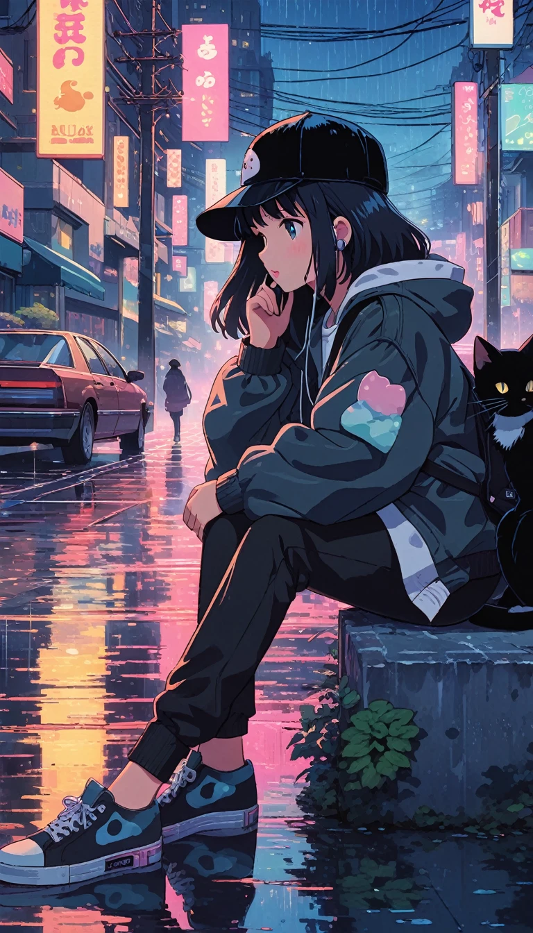 alone, lofi artstyle, lofi art, city, town, 80s anime style, Retro, Lo-Fi, masterpiece, best quality, (extremely detailed CG unity 8k wallpaper), (best quality), (best illustration), (best shadow), absurdres, realistic lighting, (Abyss), beautiful detailed glow, 1girl, animal, backpack, bag, bangs, baseball cap, black cat, black footwear, black headwear, black pants, blurry, blush, building, cat, closed mouth, from side, hat, holding, hood, hood down, hooded jacket, hoodie, jacket, long hair, long sleeves, night, outdoors, pants, power lines, profile, rain, reflection, shoes, sitting, sneakers, solo, utility pole, headphone