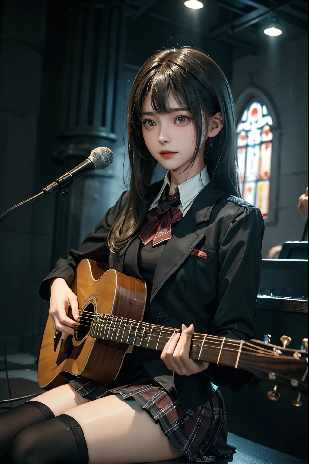 High school girl blazer、uniform、Red checked knee-length skirt、Long skirt、JK Style、Jacket、smile、Knee-high socks、Thigh-high socks、pantyhose、Extremely beautiful、Super cute、ennui、Rare Beauty、Dark black eyeshadow、sad、Skin radiance、Long Hair Straight Hair、Dark Gothic Makeup、Dark Smile、Fragrant beauty、Stained glass background、masterpiece、Highest quality、See 5 books、Sweat glistening on my chest、Sweat glistening on the face、Small breasts、22 years old、Slightly slim、Mysterious look、Sad look、Mysterious Gothic Church、enchanting castle、Excessive sweating all over the body、Thighsに大量の汗と光、光沢のあるThighs、Thighs、Thighsに大量の汗が光る、sweat profusely、Gal、Small breasts、Japanese face、Captivating look、細いThighs、play the guitar、I have a guitar、Enthusiastic singing、バンドでplay the guitar、Playing guitar chords、Background of the live music venue、Sing a song、Open your mouth、Scenery of a live music venue、Mike stand、Glamorous live stage、Dynamic Angles、Vivid straight long hair、delicate straight hair、