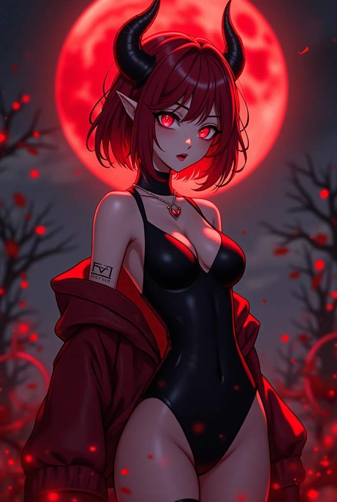 A  blood demon girl with short hair and where red and black colors predominate and anime style