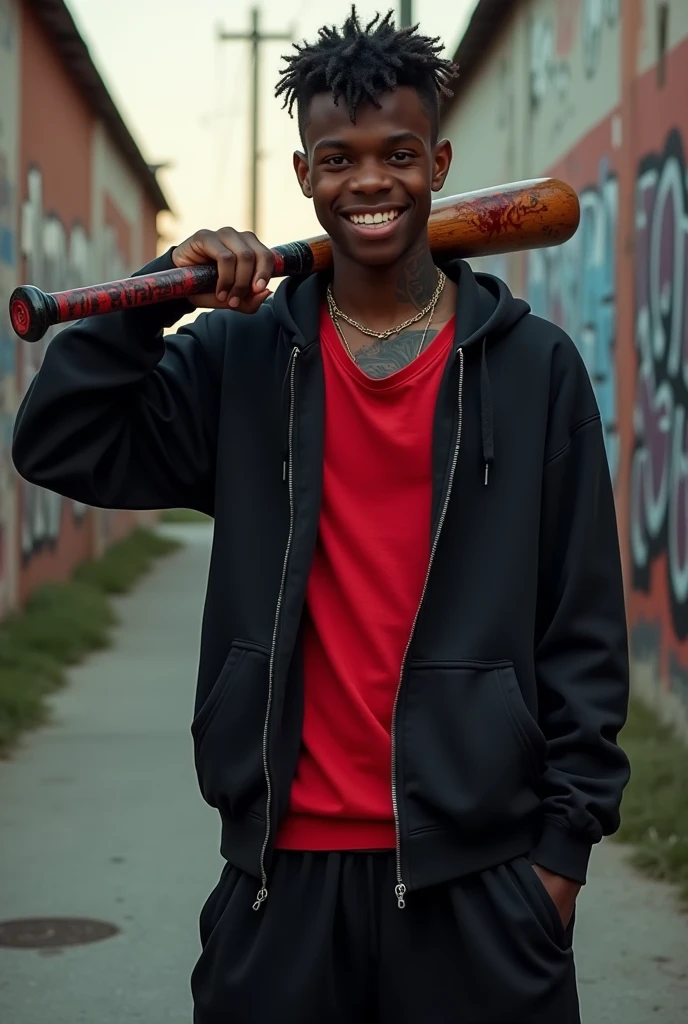 Teenager dark skin tone neck tattoo hair cut style "american court" (popular nk brazil), skater gangstar outfit with black open sweatshirt over a red baggy shirt black baggy pants, psychopath smile holding a bloody baseball bat on his shoulder