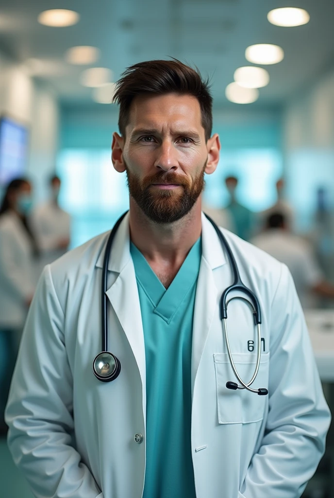 Messi dressed as a doctor with a caption that says “thank you for listening”