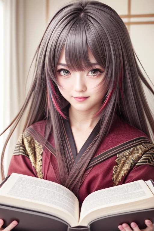 8k, Highest quality, Manga style, View your viewers, Intricate details,One person, Nakiri Ayame, ２Demon horns in the book, Multicolored Hair, Long Hair, Red eyes, Gray Hair, kimono,