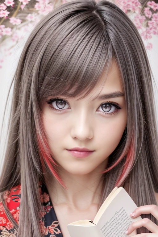 8k, Highest quality, Manga style, View your viewers, Intricate details,One person, Nakiri Ayame, 2Demon horns in the book, Multicolored Hair, Long Hair, Red eyes, Gray Hair, kimono,