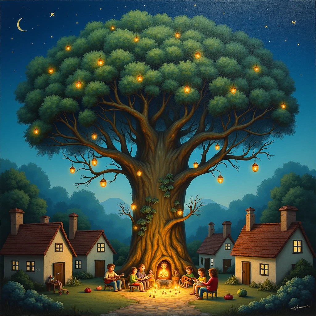 A whimsical (oil painting:1.7) of a giant tree growing in the middle of a small village, its branches stretching out to cover the entire area. The tree is filled with lanterns, glowing softly as night falls, and the villagers are gathered around, telling stories and playing music. The painting captures the warmth and community of the village, with soft, glowing colors and a peaceful, magical atmosphere. 4K, masterpiece, ultra detailed.