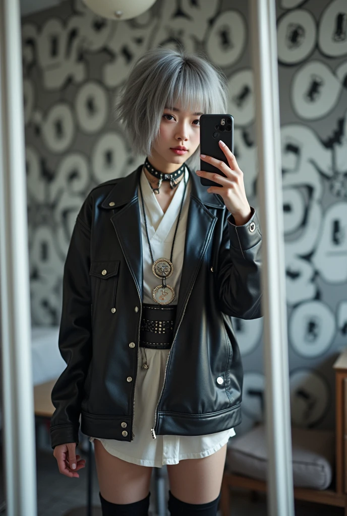 highly detailed, beautiful, hyper Realistic girl, masterpiece, best quality, Japanese sexy gravure woman, 28 years old, identity hidden, takes a selfie in her room using a smartphone in front of a mirror with one hand, standing, fashion model Posing, looking away from the camera, /// gray casual punk hair, light color eyes, Realistic skin, Detailed face, /// (hairstyle with complicated decorations:1.3),  _ (Cityscape background:1.2), (White and black graffiti-covered walls:1.4), _ BREAK (Confident sitting pose:1.2), _ BREAK (wide angle:1.7), _ BREAK（White and black theme:1.4), (Geometric pattern print:1.4),(fusion of traditional High collar kimono and punk elements:1.4), (black leather jacket with white silk kimono:1.2), (silver studded details on kimono:1.2), (punk-inspired accessories, black Leather thigh belt:1.4), _ BREAK (punk-style boots:1.2),  /// Monotone simple Japanese modern taste single room, mirror, complicated background,
