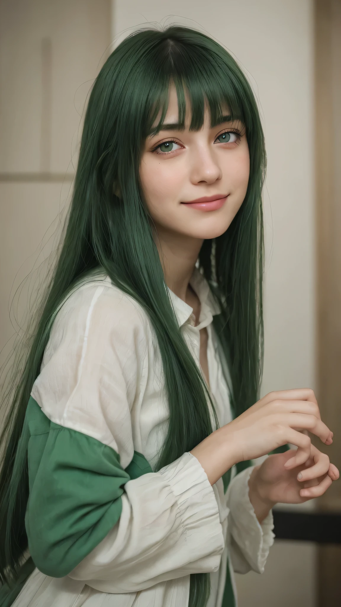 a girl. European. Extremely detailed face. Oval face. Delicate facial features. Half-closed eyes. Long straight hair. Messy hair. Bangs. Green hair. Green eyes. lewd expression. sad mood. smile
