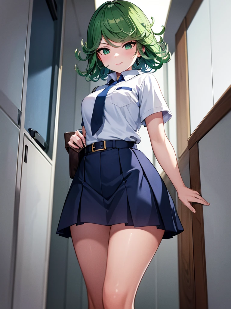 (high res, 8K, masterpiece, looking at viewer, best quality, very aesthetic, ultra detailed, ultra background, ultra Eyes) intricate details, 1girl, Tatsumaki, Chibi, body perpendicular to facing the camera, Green Short Hair, Green Eyes, short sleeved white shirt, Smile Face, pocket on left chest, wearing a Navy Blue tie, Navy Blue short skirt, wear a belt, Background school hallway, School, Cinematic Angle