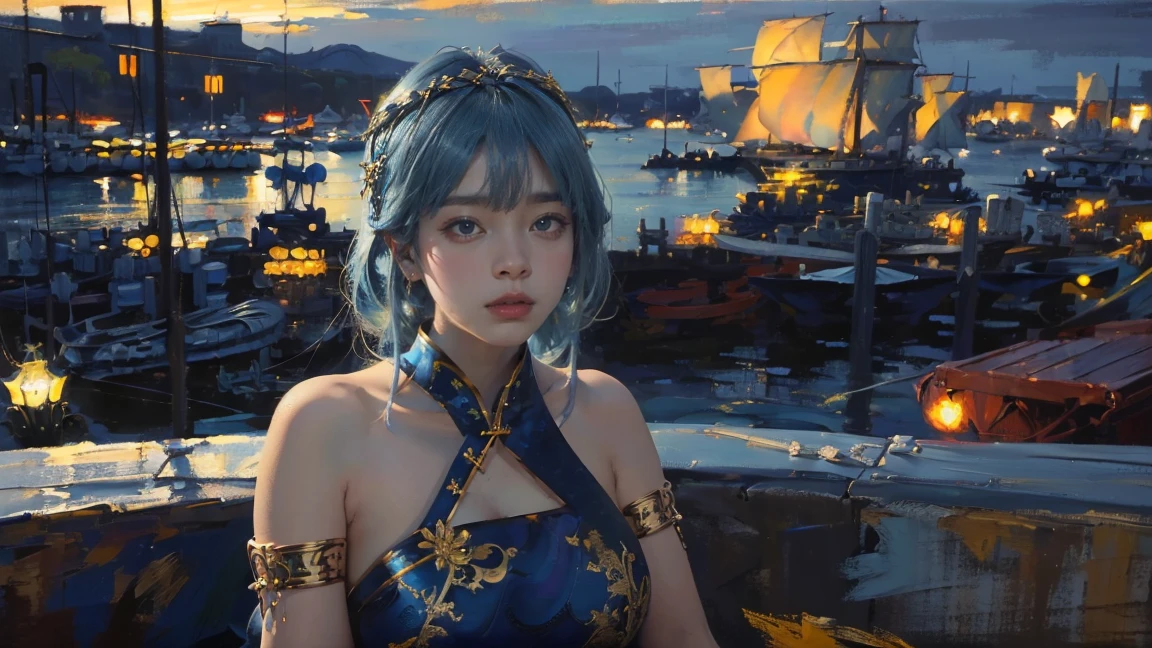 (The huge harbor in the background:1.5),Oil painting style,The girl is on the other side,,Gold headdress,(Blue medium hair:1.2),Late Night,(Blue cheongsam:1.2),(Metal:1.2),(Fat Face:1.2),(Upper body:1.),(Blue armlet:1.1),Crimson lips,With bangs