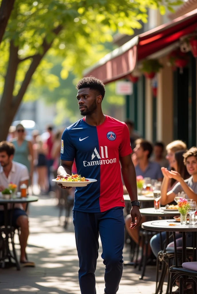 Serveur avec maillot psg avec une tête noire 