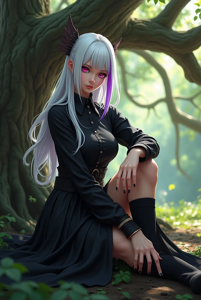 Demon Slayer screenshot, Kimetsu no yaiba, Girl, women, short hair, white hair with purple streaks, at the end purple in the hair, eyes of different color, one eye red and the other eye purple, Demon Slayer Uniform, black skirt, black button down shirt, black painted nails, black socks, sitting under a tree, In the woods, at daytime, relaxed expression, with a lot of chest, no cute, dominant