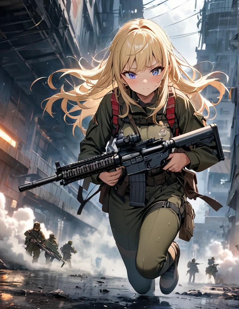 (anime)、(masterpiece:1.2),Atmospheric perspective,Lens flare、Fog of Battlefield、, Makes the world look grey、When it rains, The female soldier is crouching.。With an irritated look on his face, he vows revenge..。Rain-soaked hair、blonde、blue eyes、Space Battleship Yamato、Traces of fierce fighting are everywhere、Smoke rising from everywhere、A work of blurry color M4 Carbine，Possession of a gun